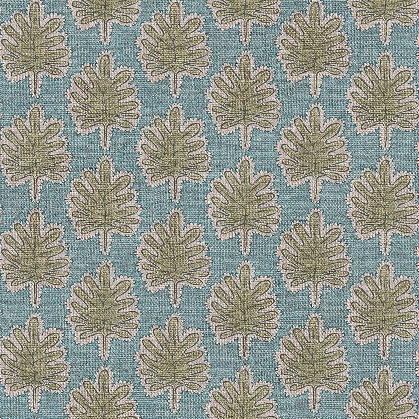 Muted blue-teal woven ground with repeating olive leaf motifs and pale stems