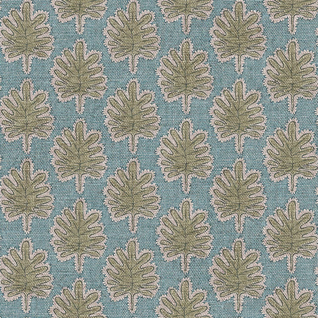 Muted blue-teal woven ground with repeating olive leaf motifs and pale stems