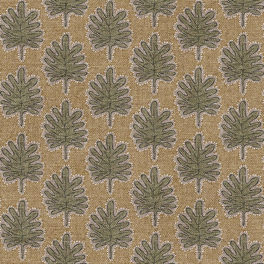 Muted olive scalloped leaves repeat across a warm tan, tactile woven ground