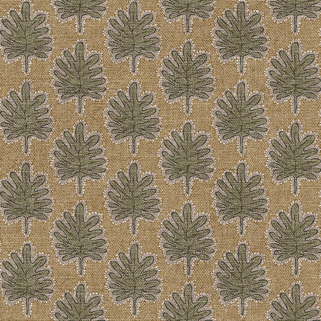 Muted olive scalloped leaves repeat across a warm tan, tactile woven ground