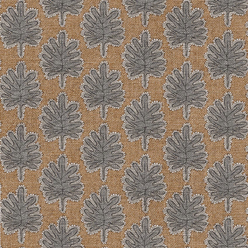 Warm camel woven ground with repeating slate-grey stylised leaf motifs