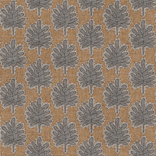 Warm camel woven ground with repeating slate-grey stylised leaf motifs