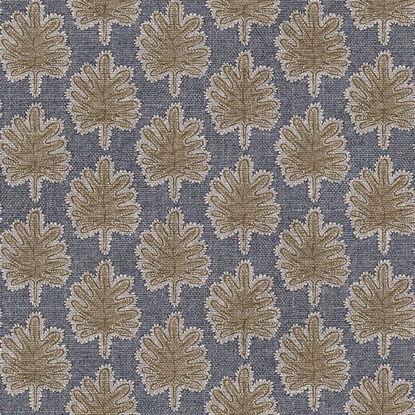 Slate blue-grey woven ground with repeating taupe oak-leaf motifs and pale outlines