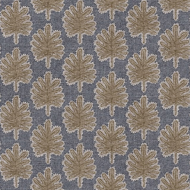 Slate blue-grey woven ground with repeating taupe oak-leaf motifs and pale outlines