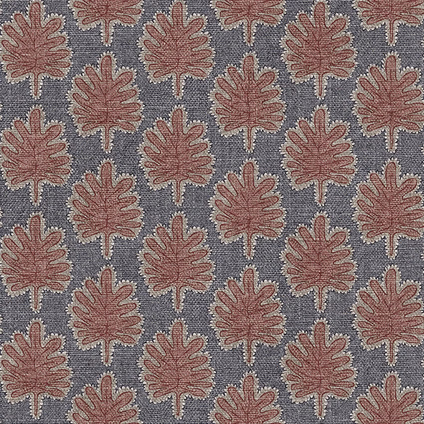Blue-grey woven ground with repeated dusty terracotta lobed leaves and pale edging