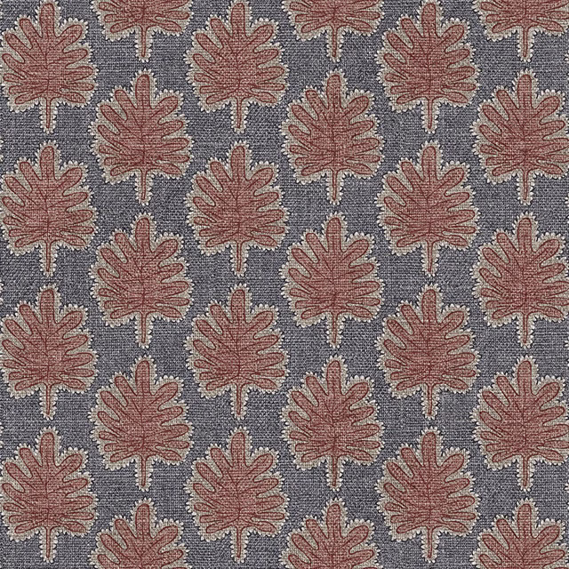 Blue-grey woven ground with repeated dusty terracotta lobed leaves and pale edging