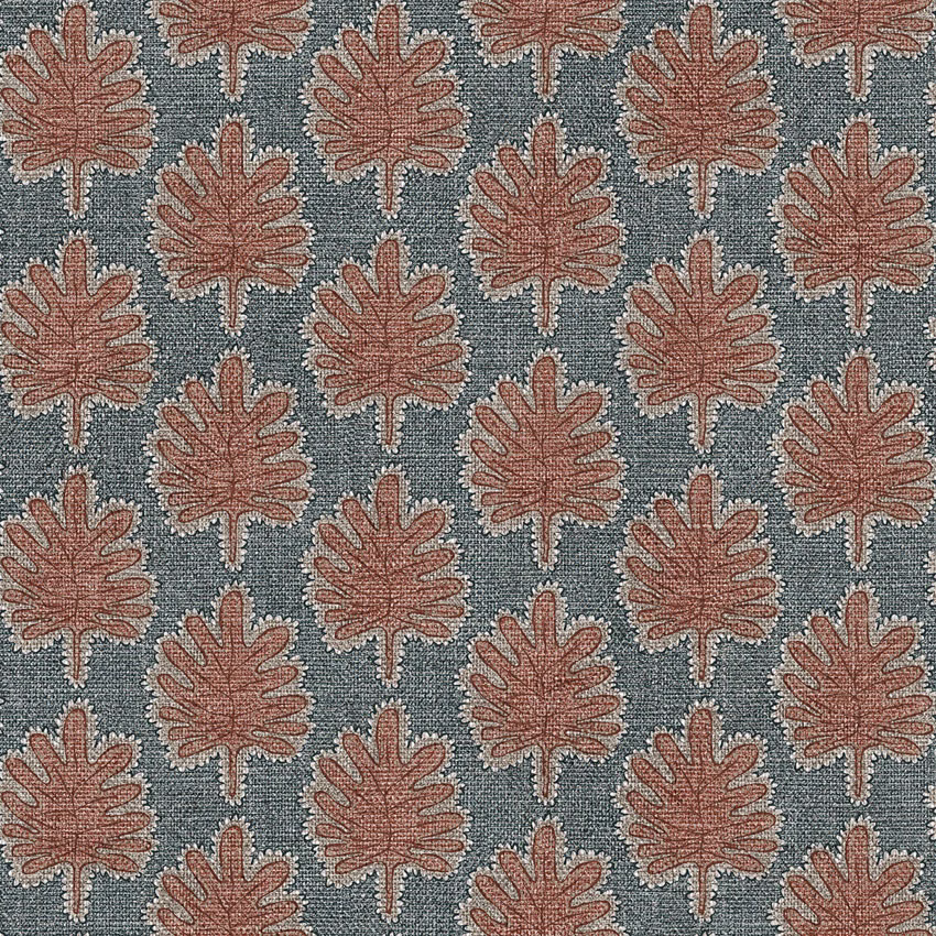 Dusty blue-grey woven ground with repeated terracotta leaf motifs and pale outlines