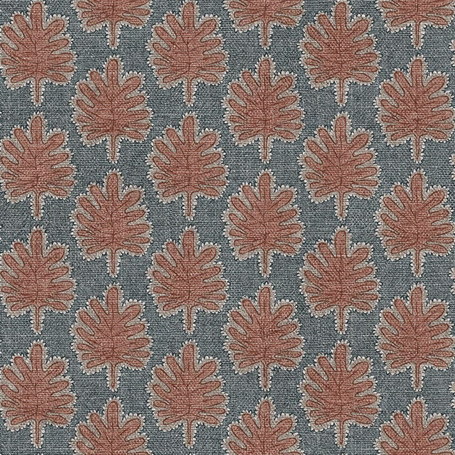 Dusty blue-grey woven ground with repeated terracotta leaf motifs and pale outlines
