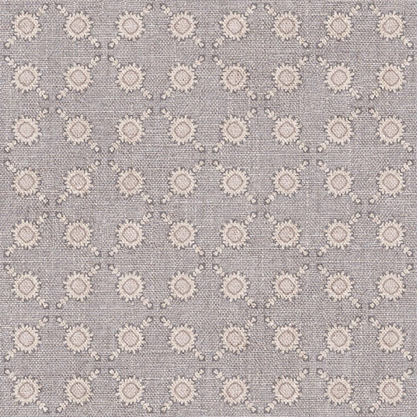 Warm grey woven ground with repeating ivory scalloped spot motifs