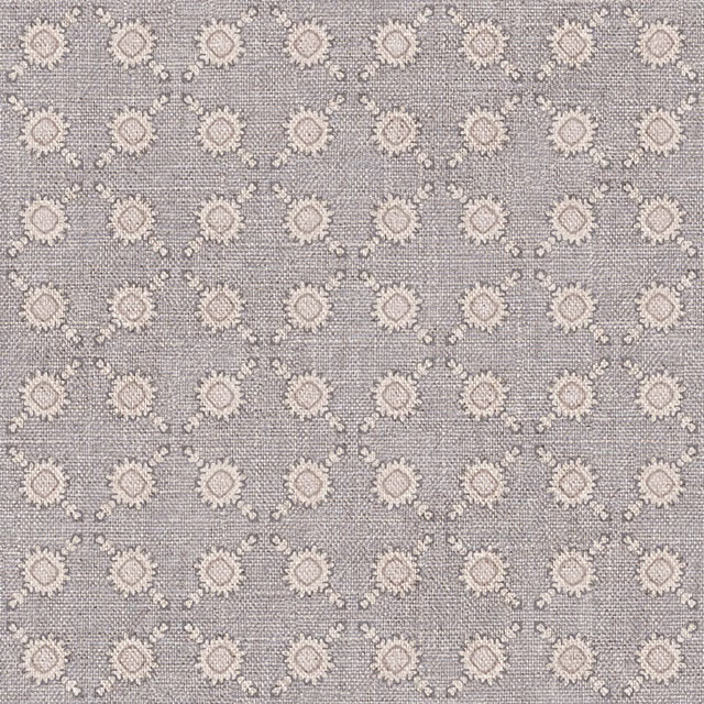Warm grey woven ground with repeating ivory scalloped spot motifs