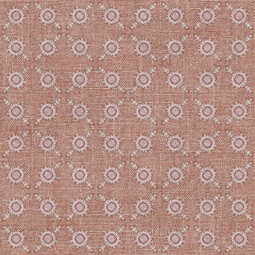 Dusty salmon terracotta weave with repeating pale blue-white diamond spot motifs