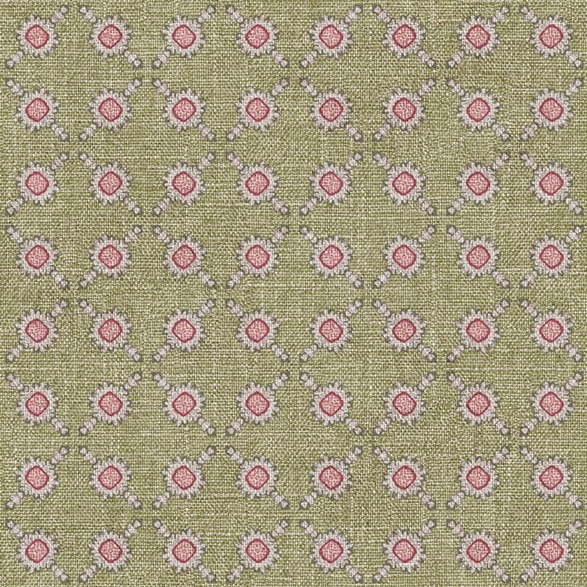 Muted olive woven fabric with repeating pink-red medallion spots and pale grey details