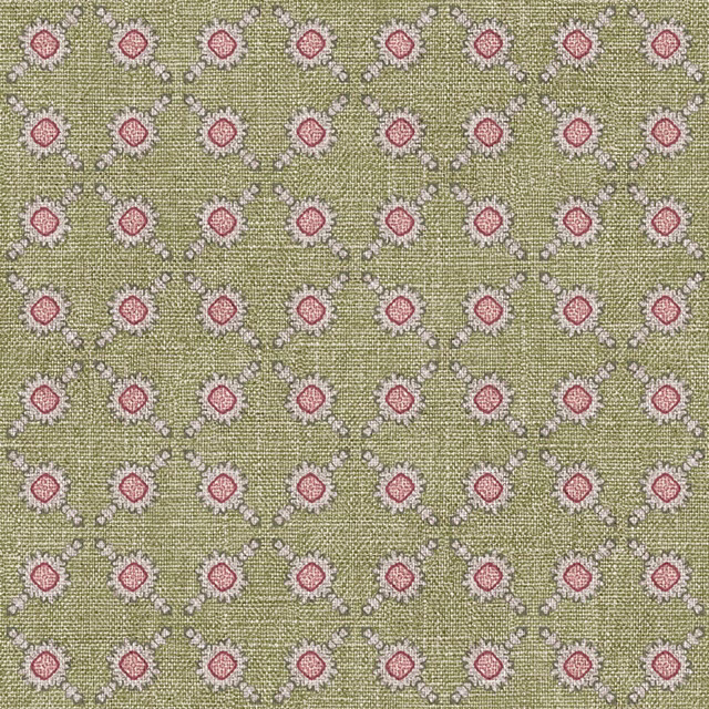 Muted olive woven fabric with repeating pink-red medallion spots and pale grey details