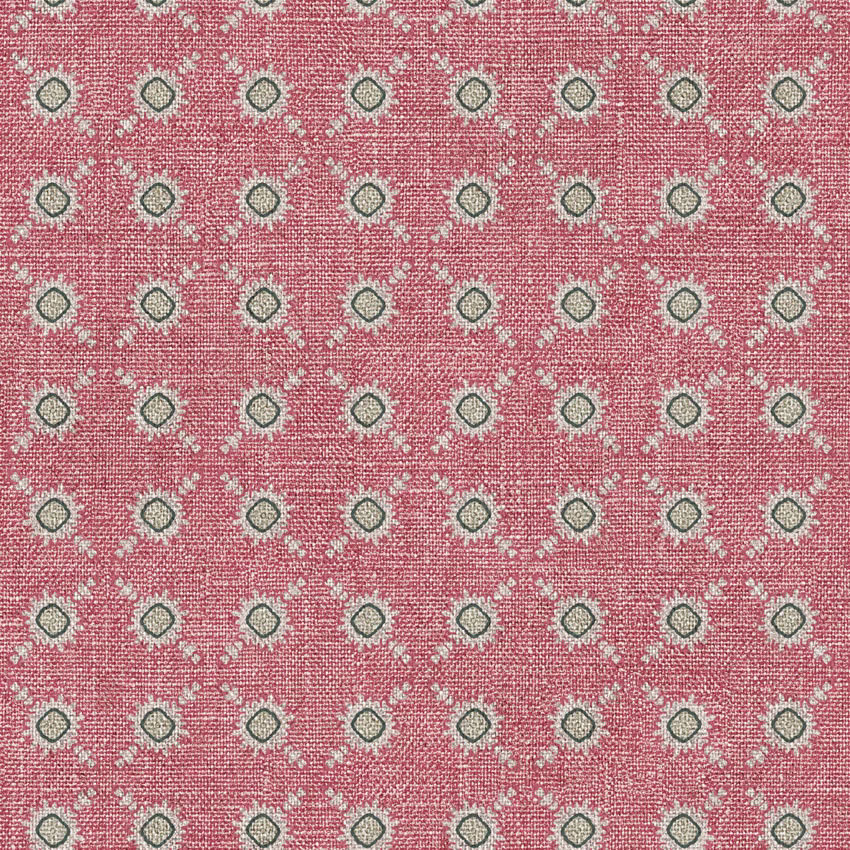 Dusty coral woven fabric with repeating cream and grey diamond medallions