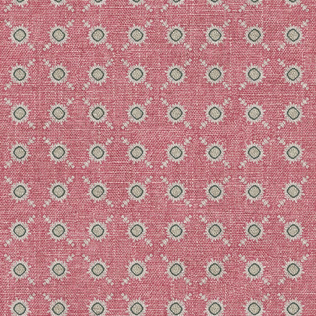 Dusty coral woven fabric with repeating cream and grey diamond medallions