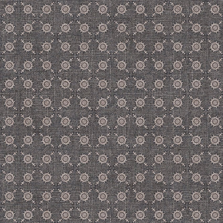 Charcoal woven fabric with rows of small pale taupe medallion spots