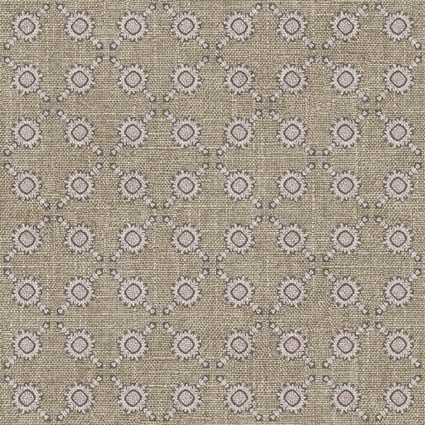 Warm taupe woven fabric with repeating lilac geometric spots and ivory dotted details