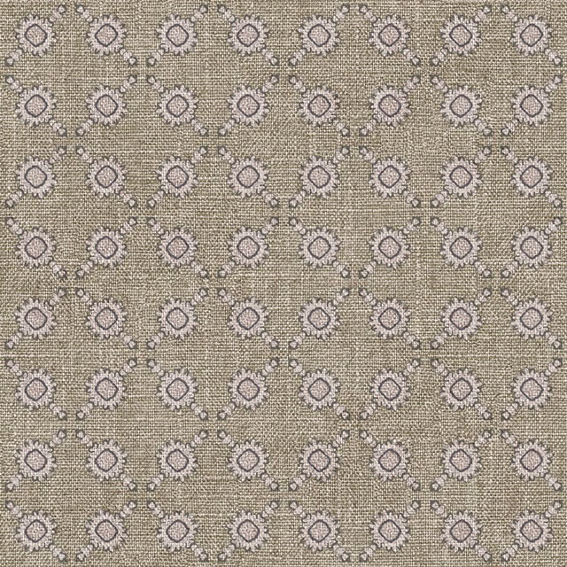 Warm taupe woven fabric with repeating lilac geometric spots and ivory dotted details