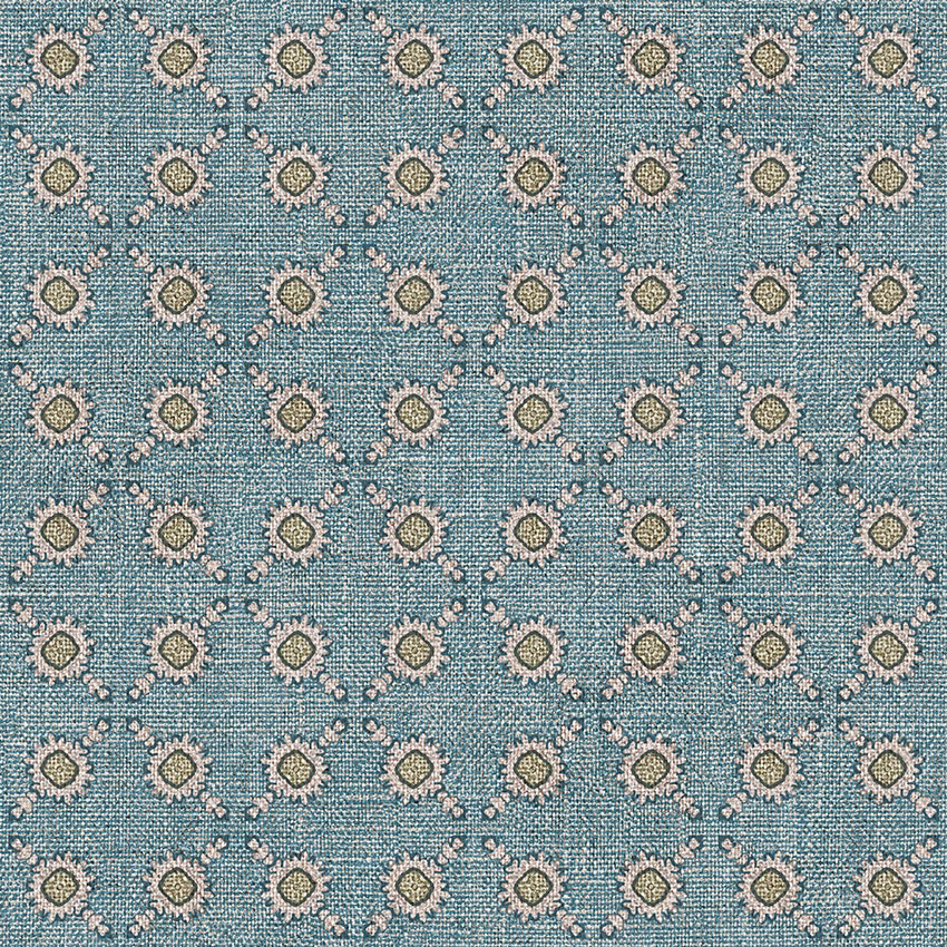 Muted blue-grey weave with repeating cream, blush and olive rosette motifs