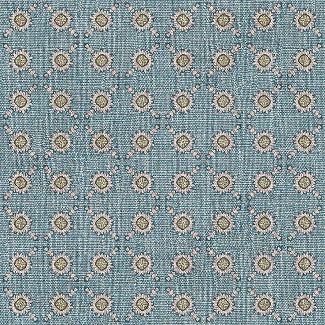 Muted blue-grey weave with repeating cream, blush and olive rosette motifs