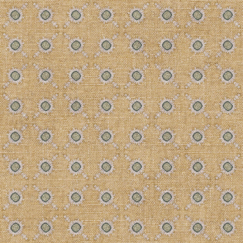 Muted ochre woven ground with blue-grey and cream geometric spot motifs