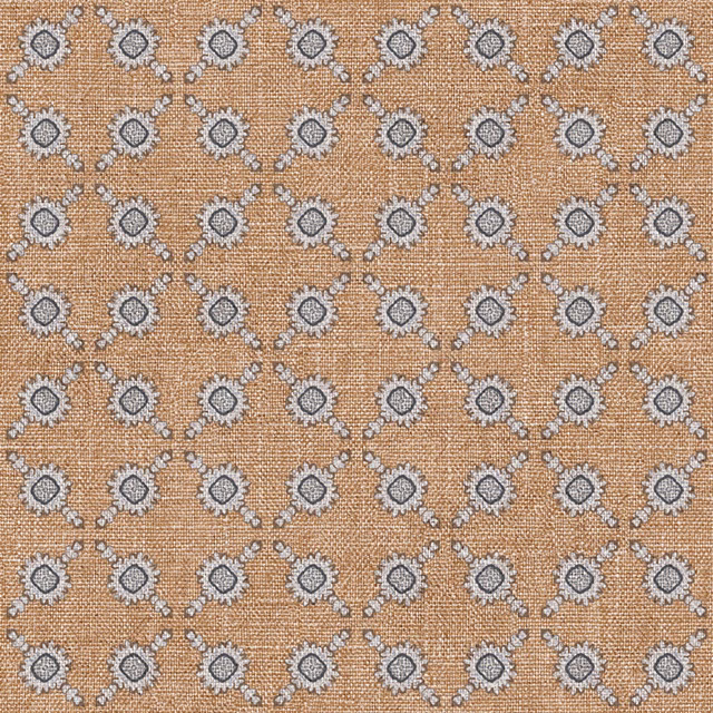 Camel-tan woven ground with small grey-and-ivory diamond-like spot motifs