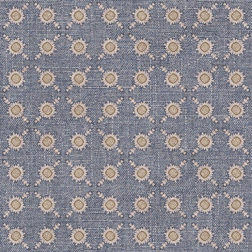 Blue-grey woven fabric with repeated cream and taupe diamond motifs