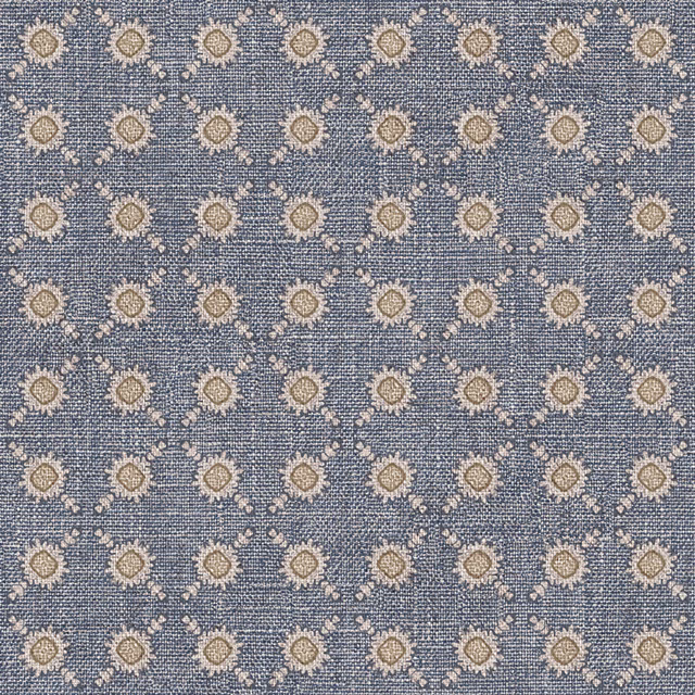 Blue-grey woven fabric with repeated cream and taupe diamond motifs
