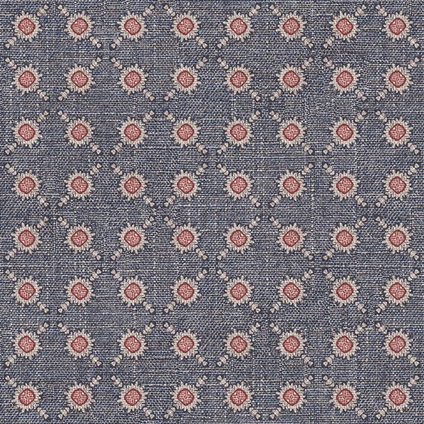 Blue-grey woven ground with repeating blush-red diamond motifs and cream flecks