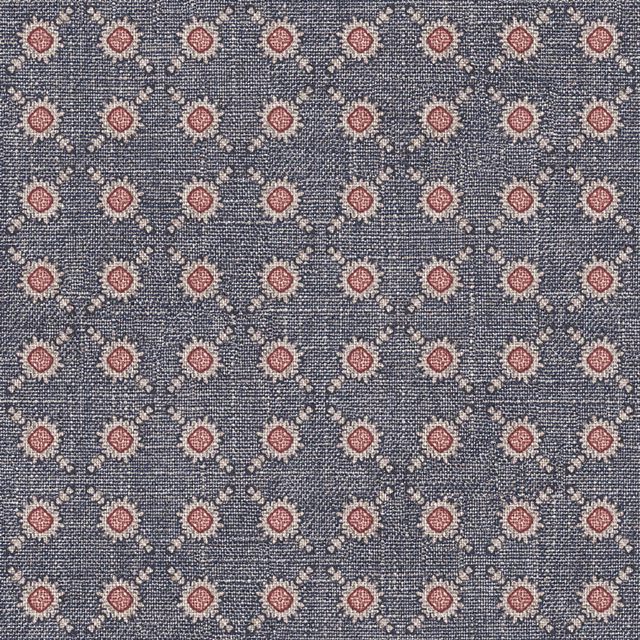 Blue-grey woven ground with repeating blush-red diamond motifs and cream flecks