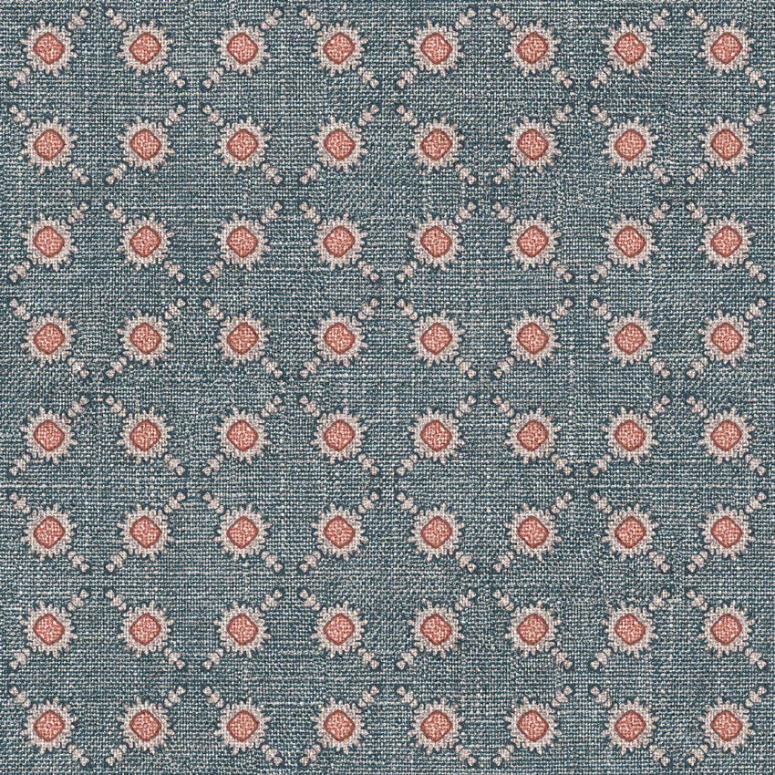 Blue-grey teal woven fabric with dusty pink diamond spots and cream flecks