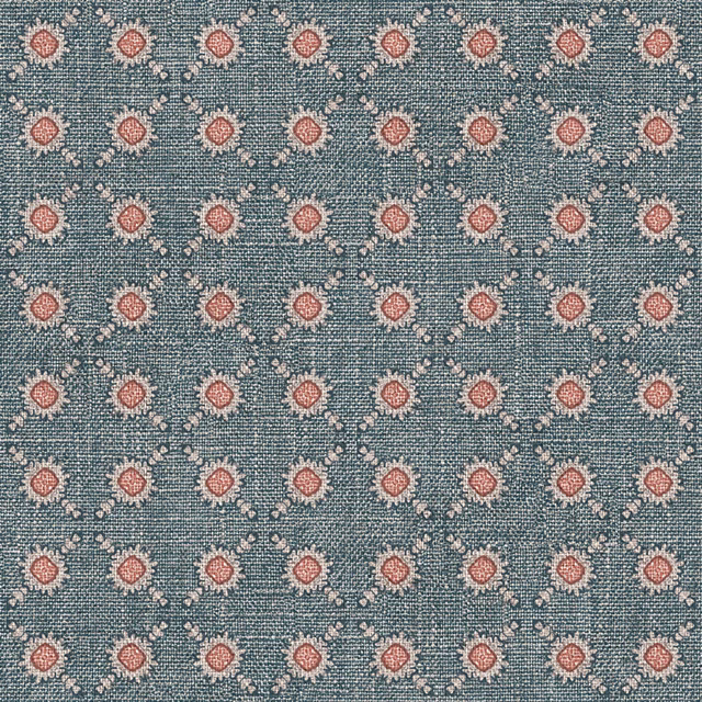 Blue-grey teal woven fabric with dusty pink diamond spots and cream flecks
