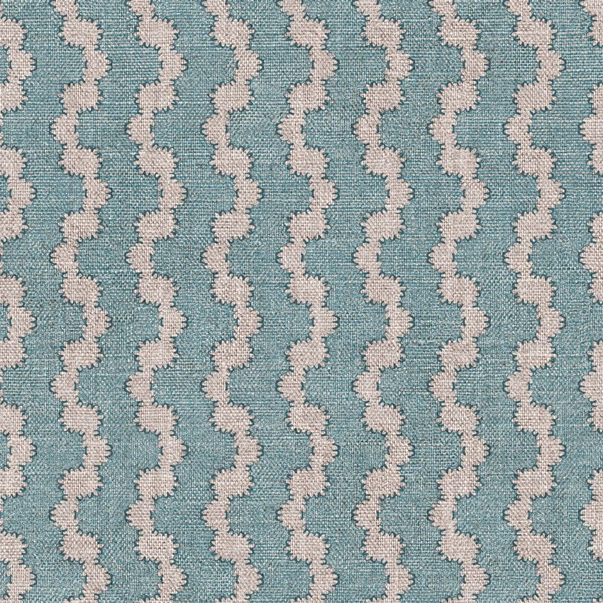 Muted teal woven ground with repeated ivory vertical waves and tactile grain