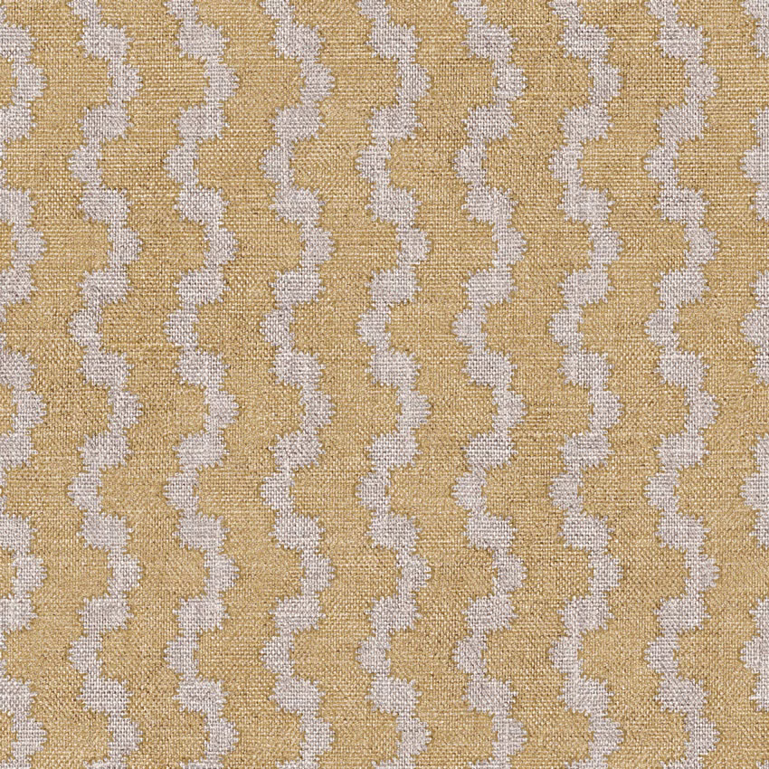 Warm wheat beige woven fabric with repeating pale grey-white vertical wave stripes