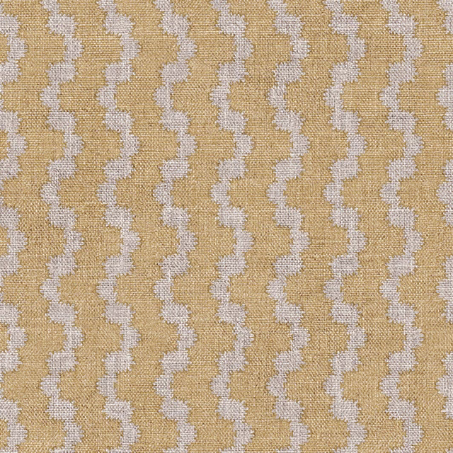 Warm wheat beige woven fabric with repeating pale grey-white vertical wave stripes