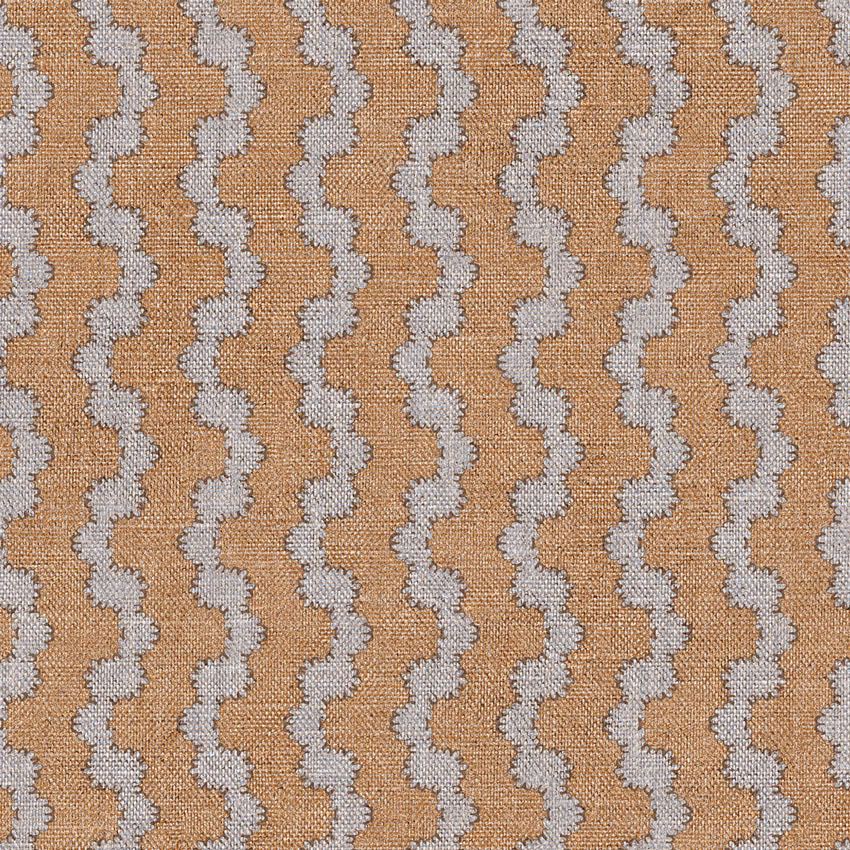 Camel beige woven fabric with pale grey vertical wave stripes and tactile texture
