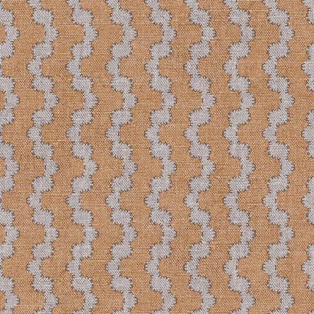 Camel beige woven fabric with pale grey vertical wave stripes and tactile texture