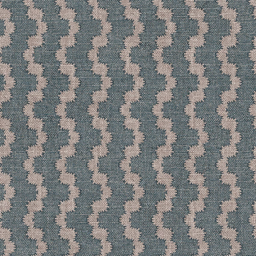 Blue-grey teal woven fabric with warm beige vertical wave stripes
