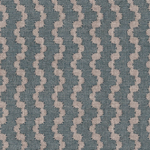 Blue-grey teal woven fabric with warm beige vertical wave stripes
