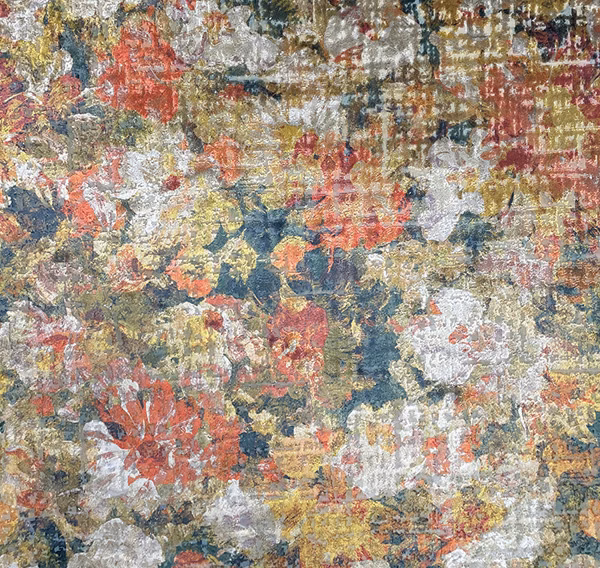 Dense multicoloured floral weave with rust, ochre, dusty blue and cream flecks