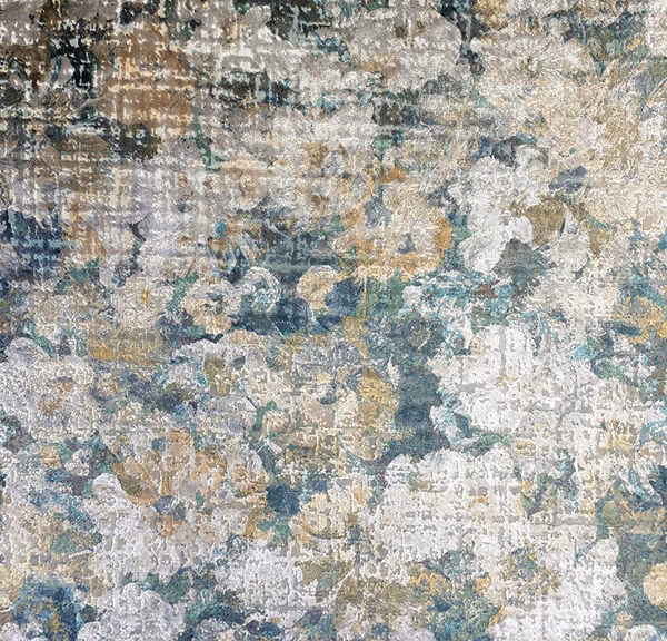Blue-grey abstract floral textile with cream, taupe and ochre distressed texture