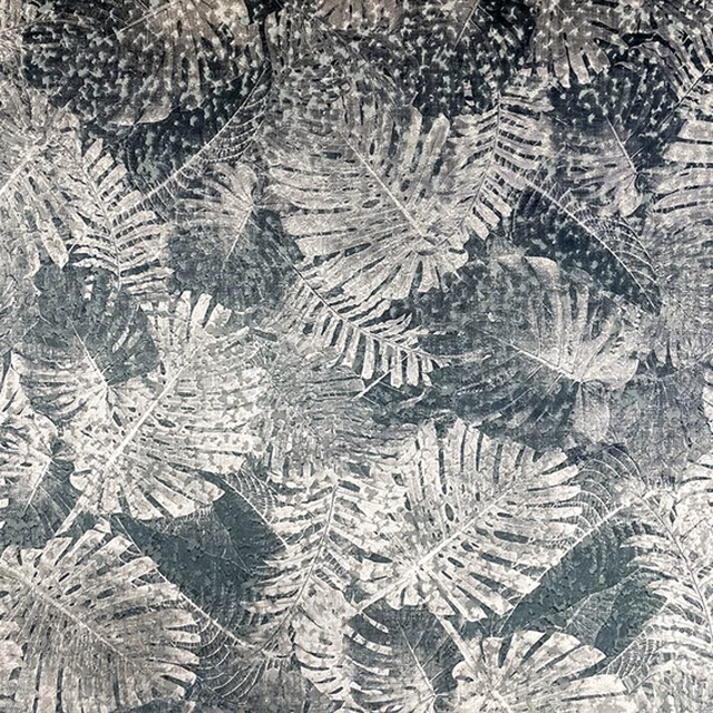Cool blue-grey Como fabric with chalky fern and split-leaf silhouettes
