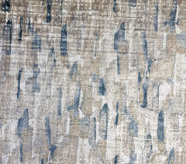 Stone grey textile with distressed blue vertical strokes and a tactile painterly weave