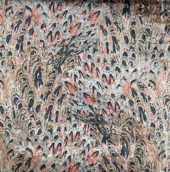 Dusty rose and charcoal botanical brushstrokes across a textured woven fabric