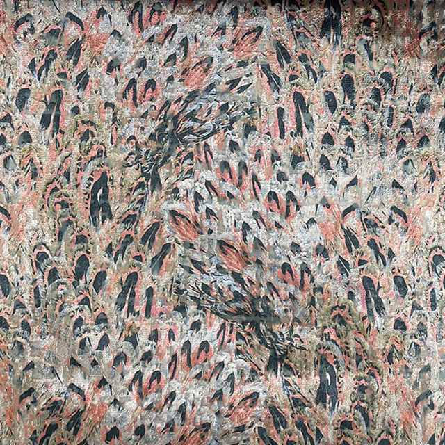 Dusty rose and charcoal botanical brushstrokes across a textured woven fabric