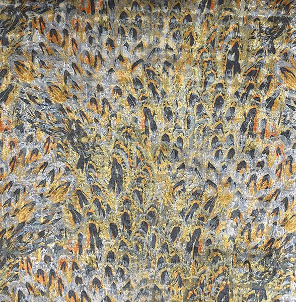 Blue-grey woven ground with charcoal, ochre and rust feather-like marks