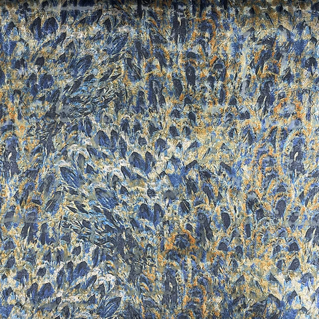 Dense ink-blue textile with grey, icy blue and ochre-gold abstract textured strokes