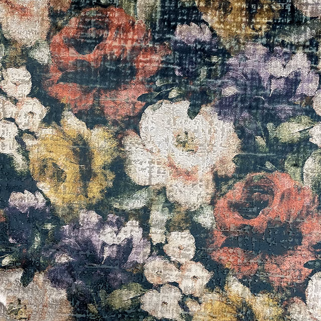 Large painterly flowers in rust, ivory, mustard and violet on a charcoal ground