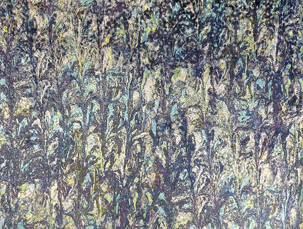 Close-up of Verona’s blue-grey, olive and plum painterly vertical textile texture