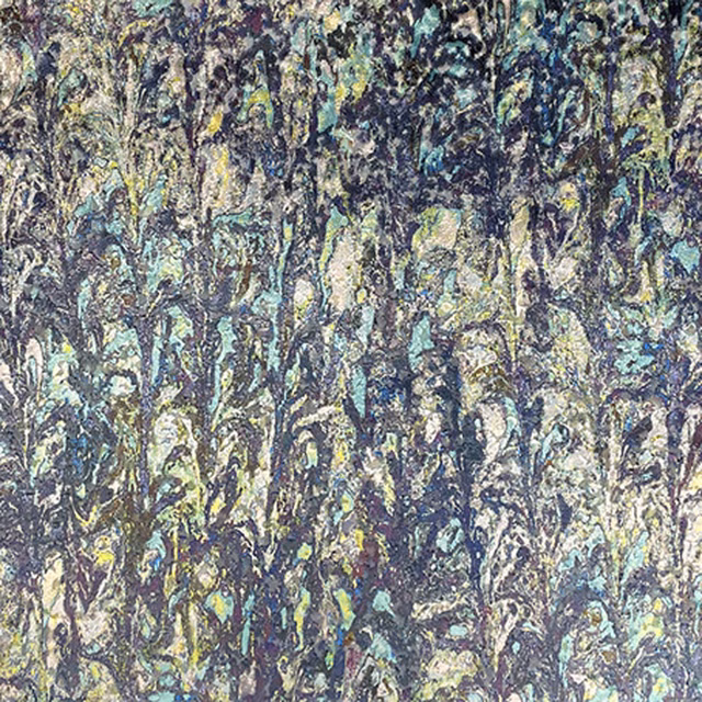 Close-up of Verona’s blue-grey, olive and plum painterly vertical textile texture
